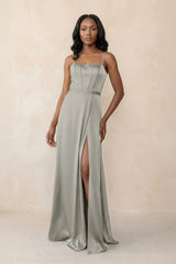 Cami Strap Corset Satin Sheath Bridesmaid Dress in Silver - KissProm Bridesmaid Dresses