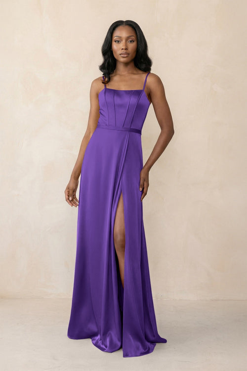 Cami Strap Corset Satin Sheath Bridesmaid Dress in Tahiti - KissProm Bridesmaid Dresses