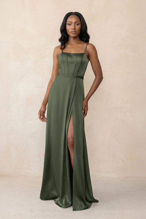 Cami Strap Corset Satin Sheath Bridesmaid Dress in Thyme - KissProm Bridesmaid Dresses