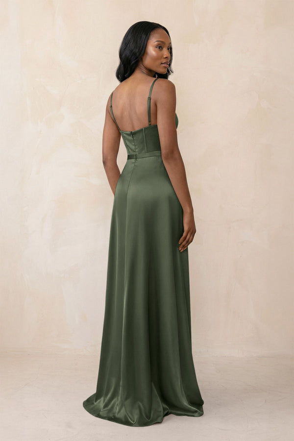 Cami Strap Corset Satin Sheath Bridesmaid Dress in Thyme - KissProm Bridesmaid Dresses