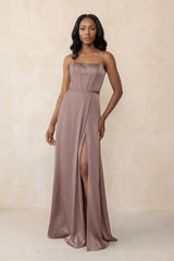 Cami Strap Corset Satin Sheath Bridesmaid Dress in Toffee - KissProm Bridesmaid Dresses