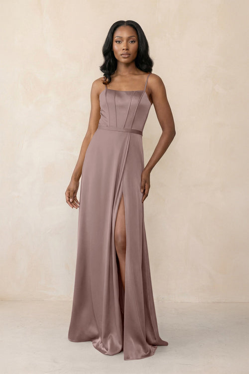 Cami Strap Corset Satin Sheath Bridesmaid Dress in Toffee - KissProm Bridesmaid Dresses