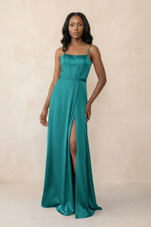 Cami Strap Corset Satin Sheath Bridesmaid Dress in Turquoise - KissProm Bridesmaid Dresses