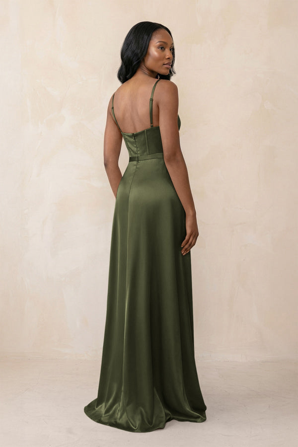 Cami Strap Corset Satin Sheath Bridesmaid Dress in Willow Green - KissProm Bridesmaid Dresses