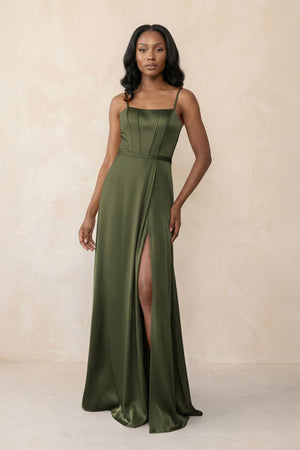 Cami Strap Corset Satin Sheath Bridesmaid Dress in Willow Green - KissProm Bridesmaid Dresses