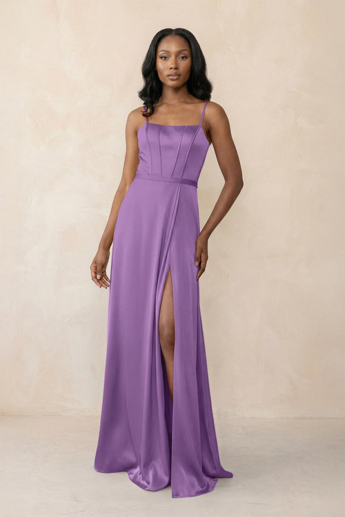 Cami Strap Corset Satin Sheath Bridesmaid Dress in Wisteria - KissProm Bridesmaid Dresses
