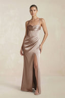 Cami Strap Corset Sheath Satin Ruched Bridesmaid Dress in Almond - KissProm Bridesmaid Dresses