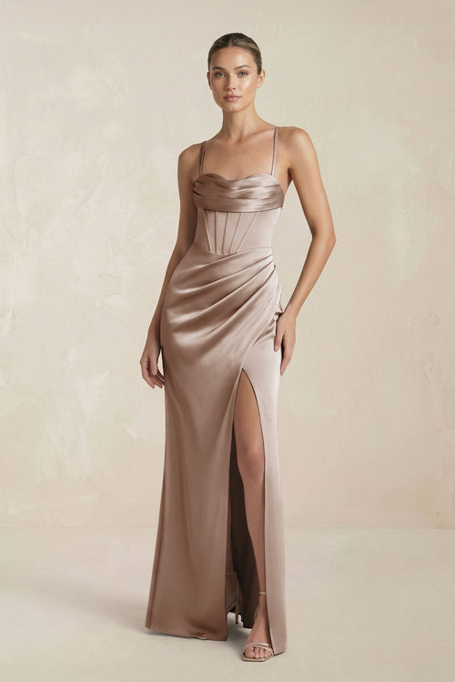 Cami Strap Corset Sheath Satin Ruched Bridesmaid Dress in Almond - KissProm Bridesmaid Dresses