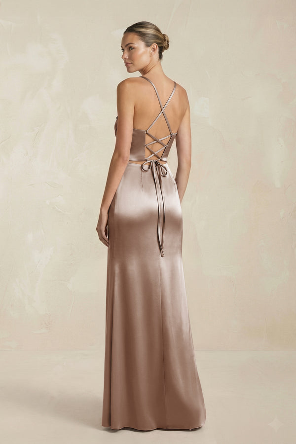 Cami Strap Corset Sheath Satin Ruched Bridesmaid Dress in Almond - KissProm Bridesmaid Dresses