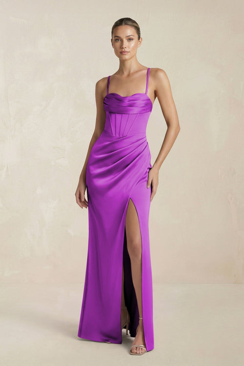 Cami Strap Corset Sheath Satin Ruched Bridesmaid Dress in Amethyst - KissProm Bridesmaid Dresses