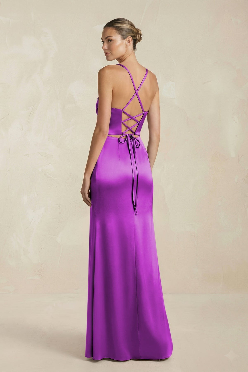 Cami Strap Corset Sheath Satin Ruched Bridesmaid Dress in Amethyst - KissProm Bridesmaid Dresses