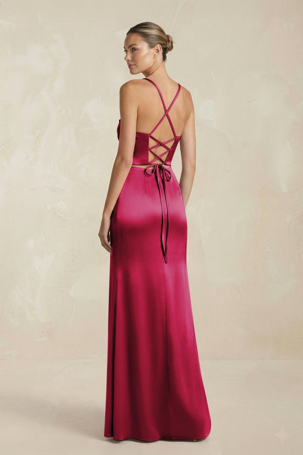 Cami Strap Corset Sheath Satin Ruched Bridesmaid Dress in Berry - KissProm Bridesmaid Dresses