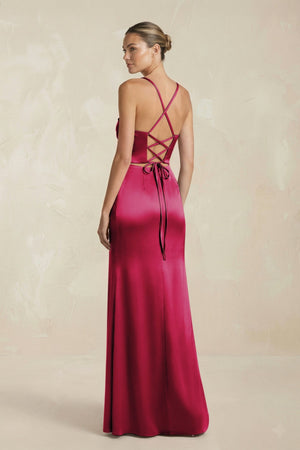 Cami Strap Corset Sheath Satin Ruched Bridesmaid Dress in Berry - KissProm Bridesmaid Dresses
