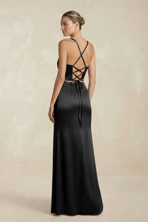 Cami Strap Corset Sheath Satin Ruched Bridesmaid Dress in Black - KissProm Bridesmaid Dresses