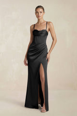 Cami Strap Corset Sheath Satin Ruched Bridesmaid Dress in Black - KissProm Bridesmaid Dresses