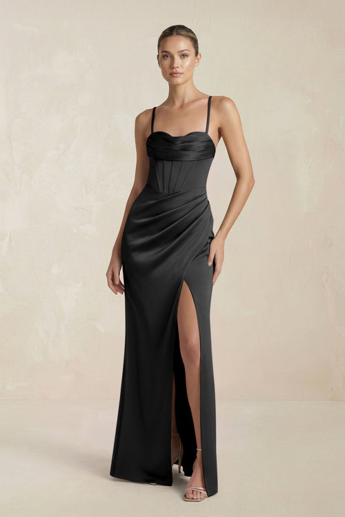 Cami Strap Corset Sheath Satin Ruched Bridesmaid Dress in Black - KissProm Bridesmaid Dresses