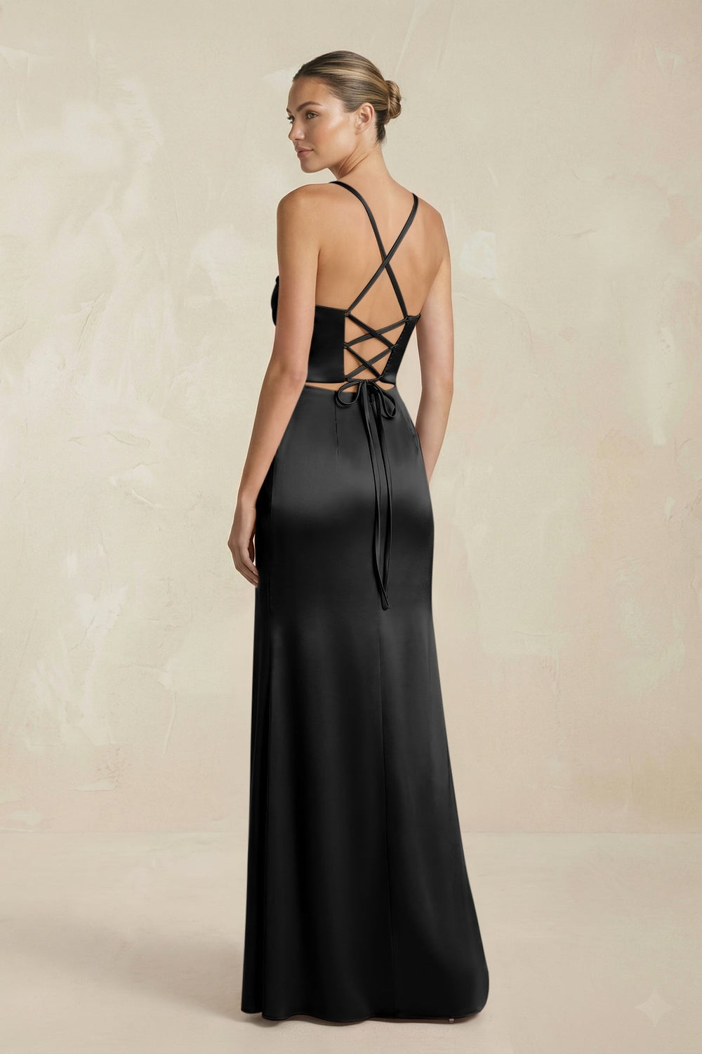 Cami Strap Corset Sheath Satin Ruched Bridesmaid Dress in Black - KissProm Bridesmaid Dresses