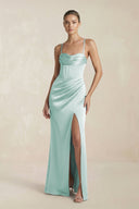 Cami Strap Corset Sheath Satin Ruched Bridesmaid Dress in Bleached Aqua - KissProm Bridesmaid Dresses