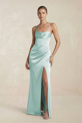 Cami Strap Corset Sheath Satin Ruched Bridesmaid Dress in Bleached Aqua - KissProm Bridesmaid Dresses