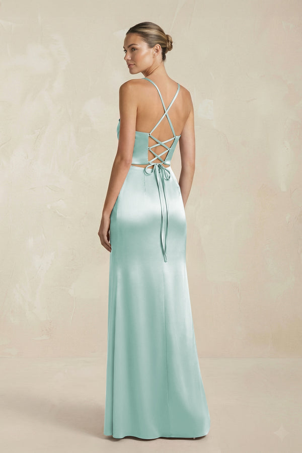 Cami Strap Corset Sheath Satin Ruched Bridesmaid Dress in Bleached Aqua - KissProm Bridesmaid Dresses