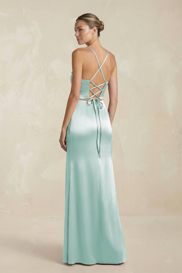 Cami Strap Corset Sheath Satin Ruched Bridesmaid Dress in Bleached Aqua - KissProm Bridesmaid Dresses