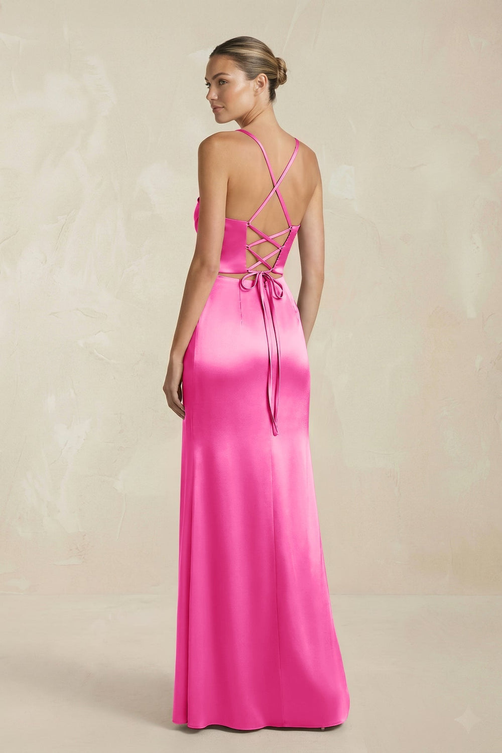 Cami Strap Corset Sheath Satin Ruched Bridesmaid Dress in Bon Bon Pink - KissProm Bridesmaid Dresses