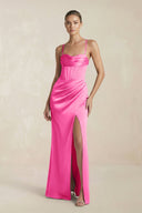 Cami Strap Corset Sheath Satin Ruched Bridesmaid Dress in Bon Bon Pink - KissProm Bridesmaid Dresses