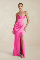 Cami Strap Corset Sheath Satin Ruched Bridesmaid Dress in Bon Bon Pink - KissProm Bridesmaid Dresses