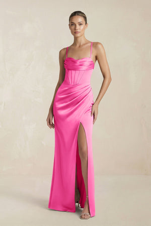Cami Strap Corset Sheath Satin Ruched Bridesmaid Dress in Bon Bon Pink - KissProm Bridesmaid Dresses