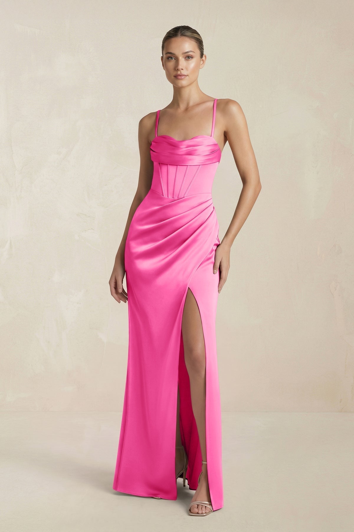 KissProm Cami Strap Corset Sheath Satin Ruched Bridesmaid Dress in Bon Bon Pink, BonBon Pink / 4