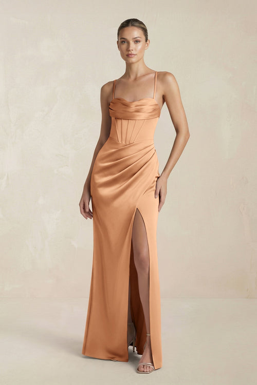 Cami Strap Corset Sheath Satin Ruched Bridesmaid Dress in Bronzer - KissProm Bridesmaid Dresses