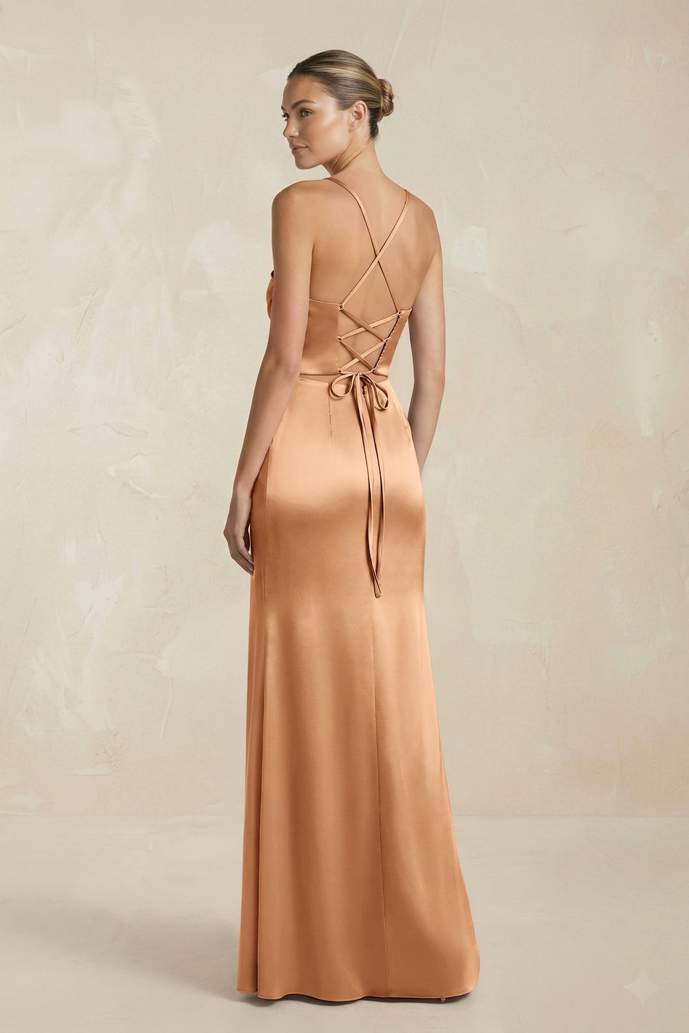 Cami Strap Corset Sheath Satin Ruched Bridesmaid Dress in Bronzer - KissProm Bridesmaid Dresses