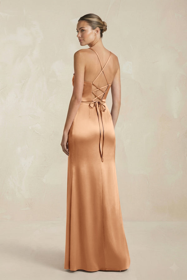 Cami Strap Corset Sheath Satin Ruched Bridesmaid Dress in Bronzer - KissProm Bridesmaid Dresses