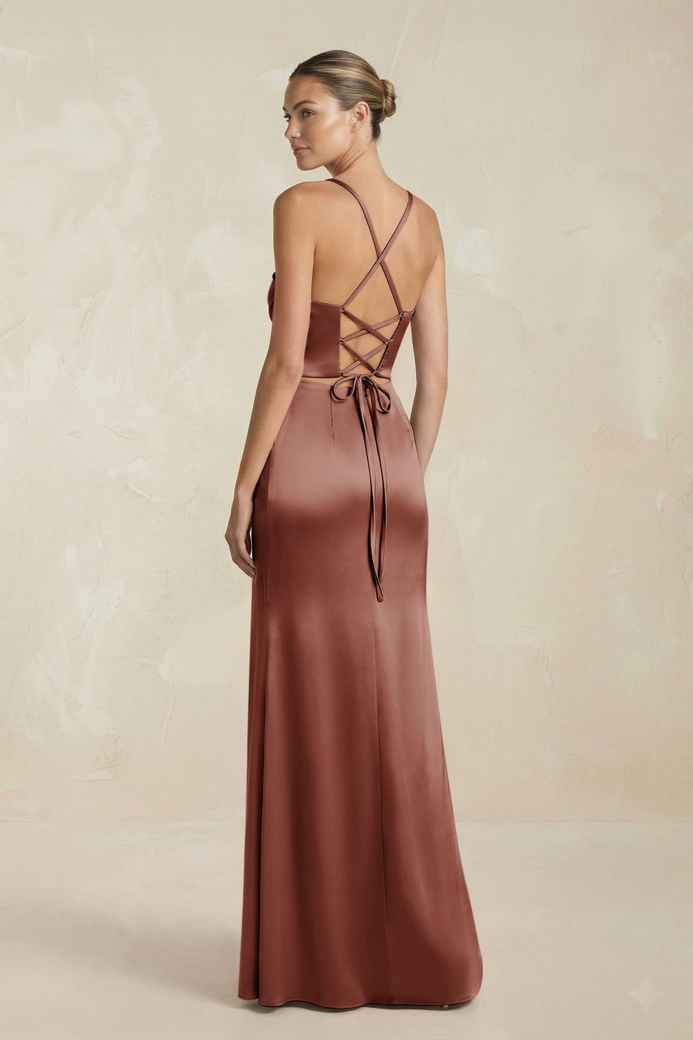 Cami Strap Corset Sheath Satin Ruched Bridesmaid Dress in Brown - KissProm Bridesmaid Dresses