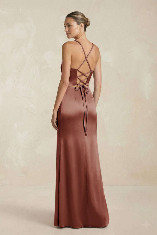 Cami Strap Corset Sheath Satin Ruched Bridesmaid Dress in Brown - KissProm Bridesmaid Dresses