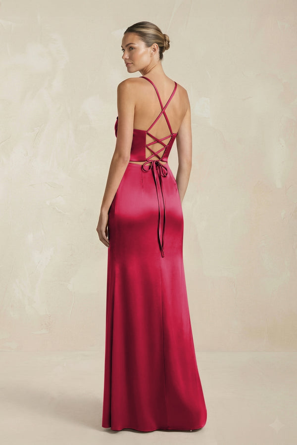 Cami Strap Corset Sheath Satin Ruched Bridesmaid Dress in Burgundy - KissProm Bridesmaid Dresses