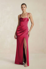 Cami Strap Corset Sheath Satin Ruched Bridesmaid Dress in Burgundy - KissProm Bridesmaid Dresses