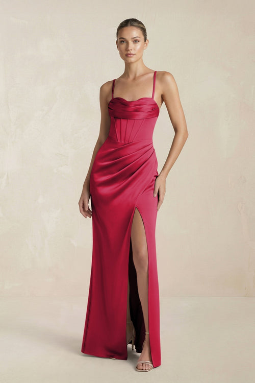 Cami Strap Corset Sheath Satin Ruched Bridesmaid Dress in Burgundy - KissProm Bridesmaid Dresses