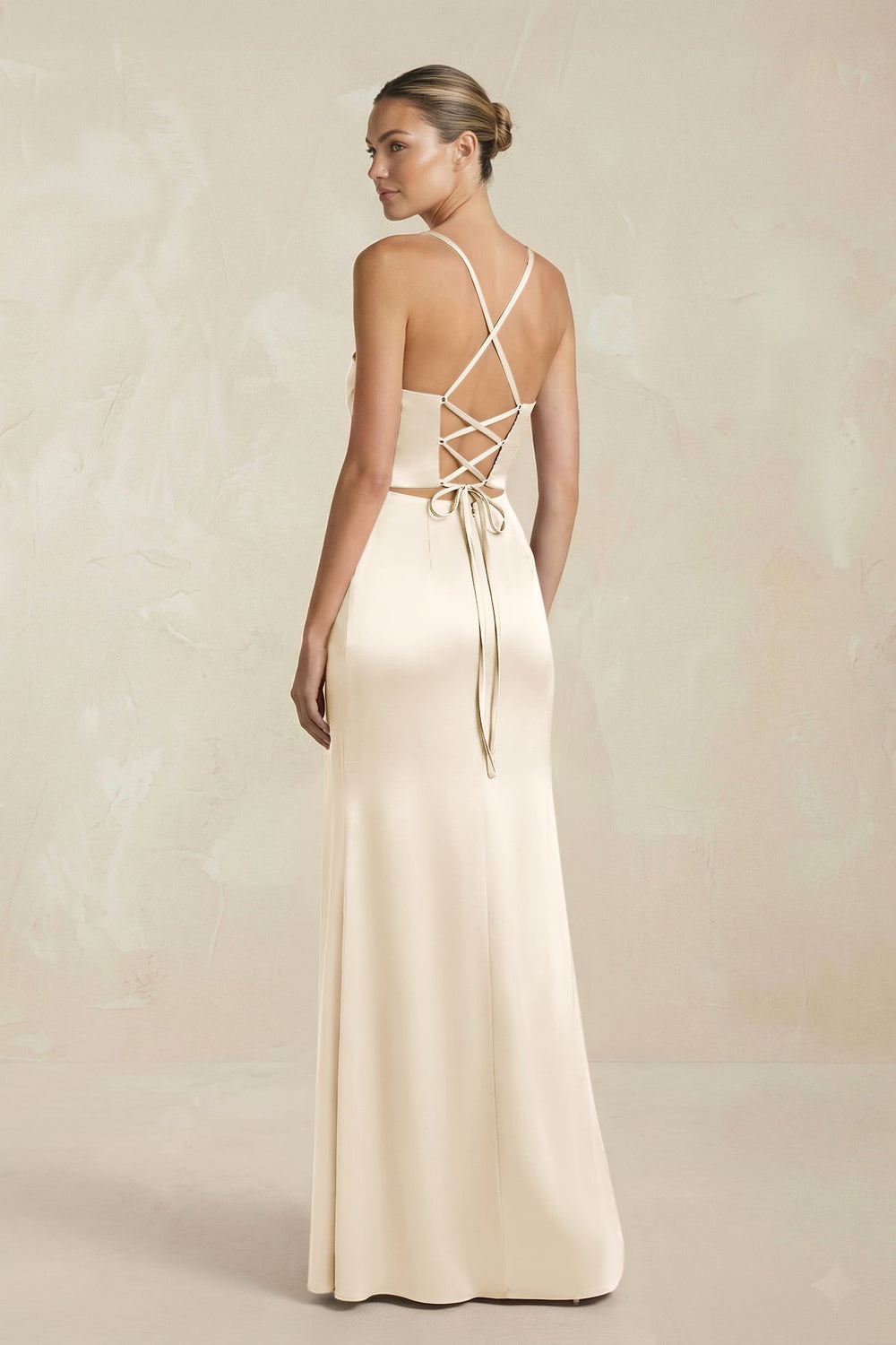Cami Strap Corset Sheath Satin Ruched Bridesmaid Dress in Buttercream - KissProm Bridesmaid Dresses