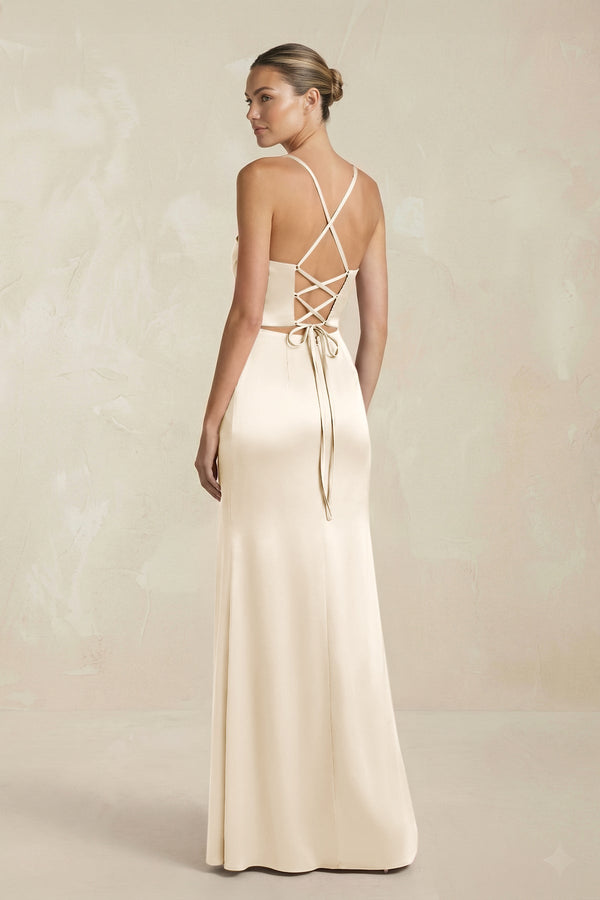 Cami Strap Corset Sheath Satin Ruched Bridesmaid Dress in Buttercream - KissProm Bridesmaid Dresses