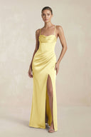 Cami Strap Corset Sheath Satin Ruched Bridesmaid Dress in Buttercup - KissProm Bridesmaid Dresses