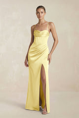 Cami Strap Corset Sheath Satin Ruched Bridesmaid Dress in Buttercup - KissProm Bridesmaid Dresses