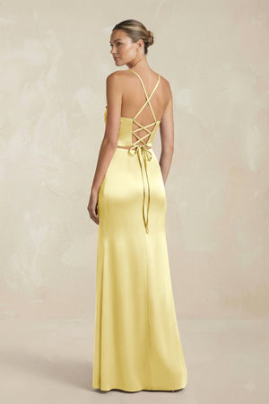 Cami Strap Corset Sheath Satin Ruched Bridesmaid Dress in Buttercup - KissProm Bridesmaid Dresses