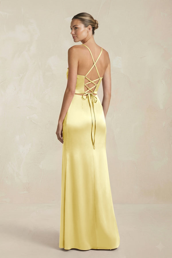 Cami Strap Corset Sheath Satin Ruched Bridesmaid Dress in Buttercup - KissProm Bridesmaid Dresses
