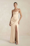 Cami Strap Corset Sheath Satin Ruched Bridesmaid Dress in Champagne - KissProm Bridesmaid Dresses