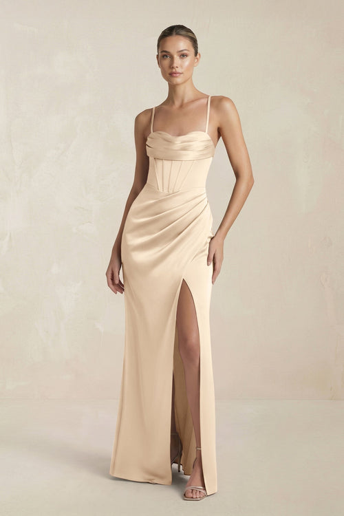 Cami Strap Corset Sheath Satin Ruched Bridesmaid Dress in Champagne - KissProm Bridesmaid Dresses
