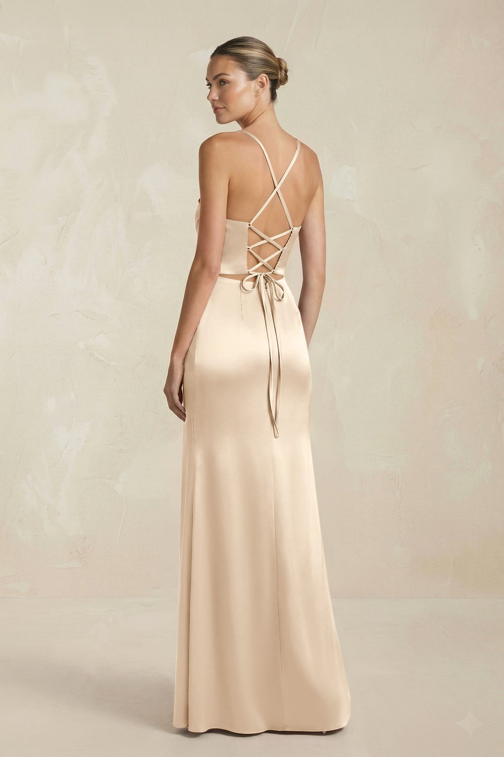 Cami Strap Corset Sheath Satin Ruched Bridesmaid Dress in Champagne - KissProm Bridesmaid Dresses