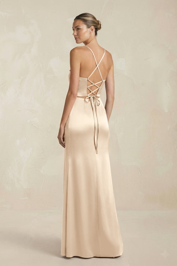 Cami Strap Corset Sheath Satin Ruched Bridesmaid Dress in Champagne - KissProm Bridesmaid Dresses