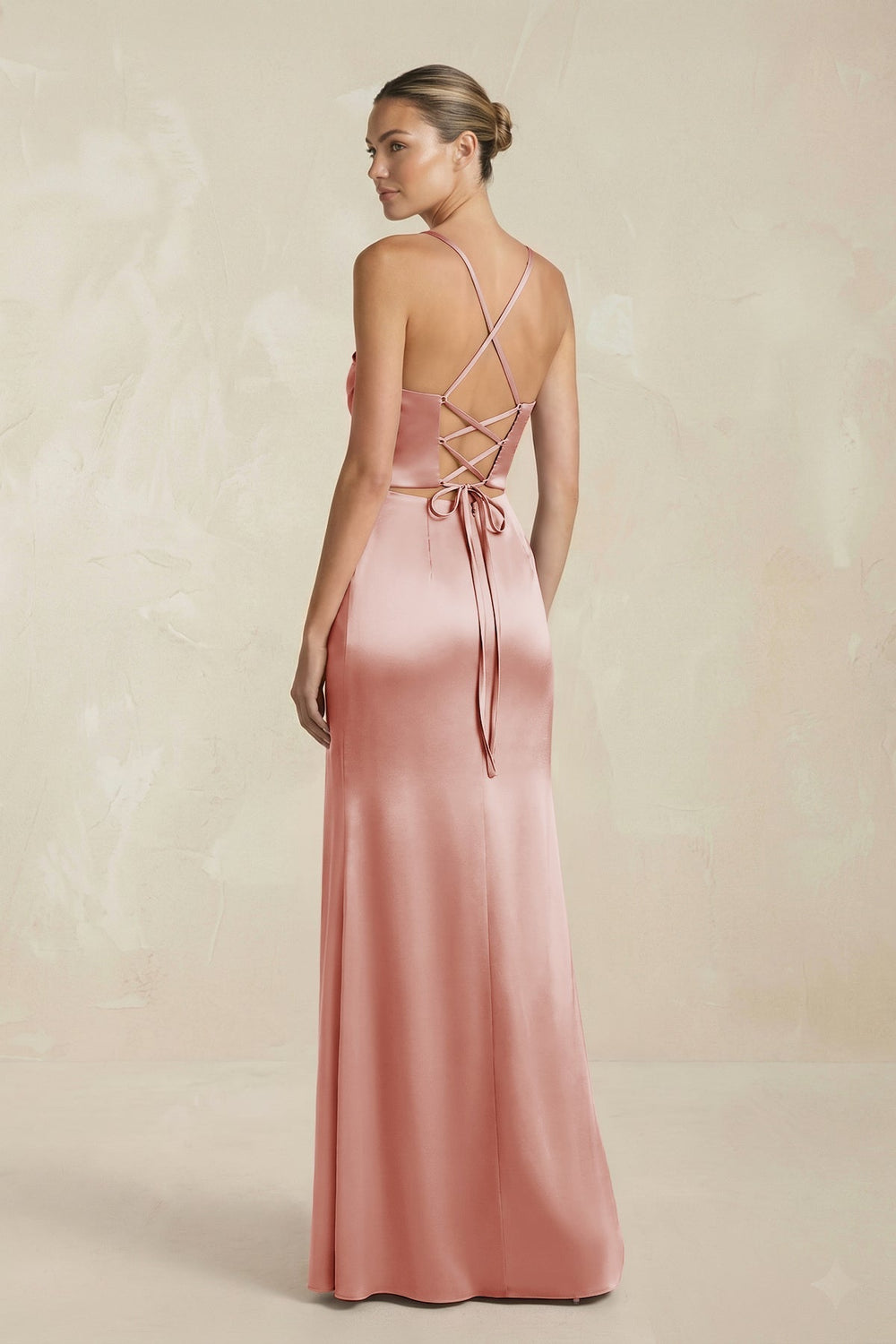 Cami Strap Corset Sheath Satin Ruched Bridesmaid Dress in Champagne Rose - KissProm Bridesmaid Dresses