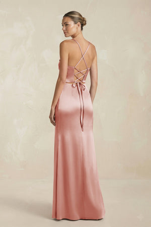 Cami Strap Corset Sheath Satin Ruched Bridesmaid Dress in Champagne Rose - KissProm Bridesmaid Dresses